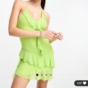 Lime Green Halter Neck Mesh Asymmetrical Dress